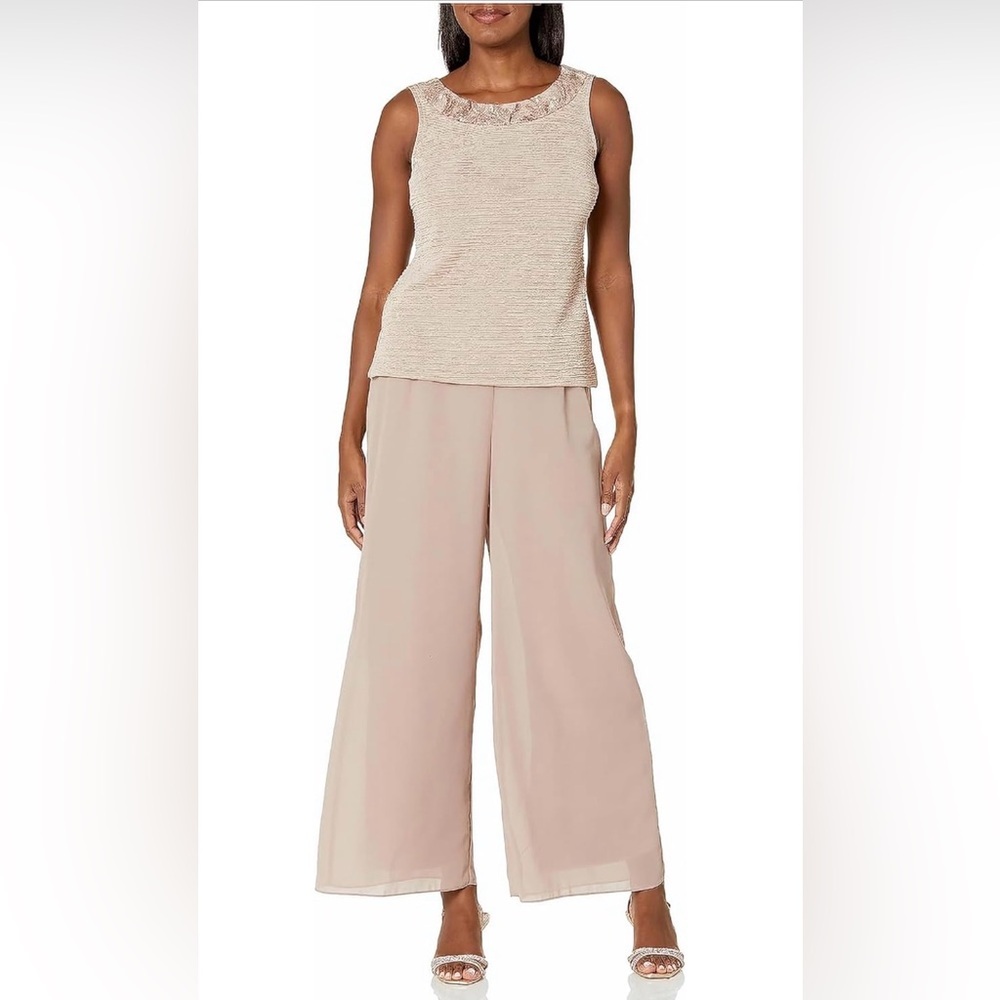 NWT Le Bos 3-Piece Pant Set Size 20W Champagne Beige Sequin Trim Formal Wedding - Picture 12 of 13